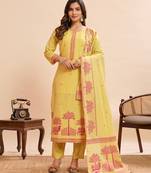 Vibrant yellow pure cotton jacquard kurta set with printed dupatta