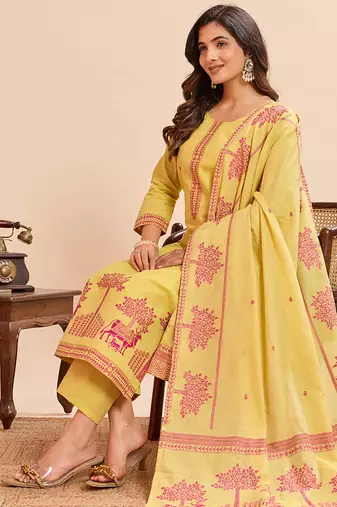 Vibrant yellow pure cotton jacquard kurta set with printed dupatta
