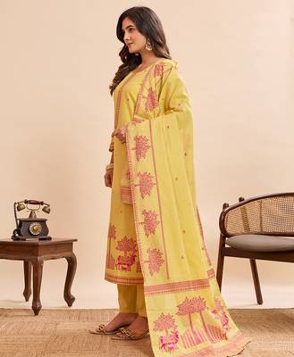 Vibrant yellow pure cotton jacquard kurta set with printed dupatta 3