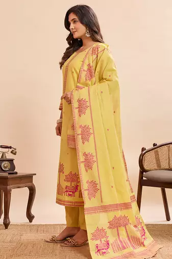 Vibrant yellow pure cotton jacquard kurta set with printed dupatta