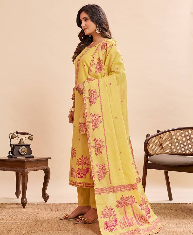 Vibrant yellow pure cotton jacquard kurta set with printed dupatta