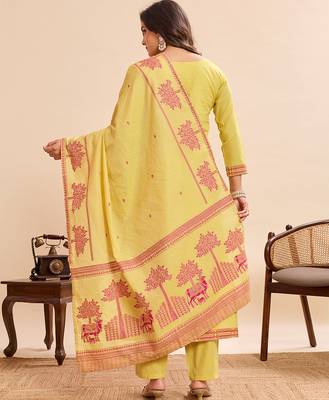 Vibrant yellow pure cotton jacquard kurta set with printed dupatta 4