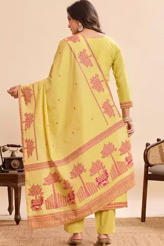 Vibrant yellow pure cotton jacquard kurta set with printed dupatta