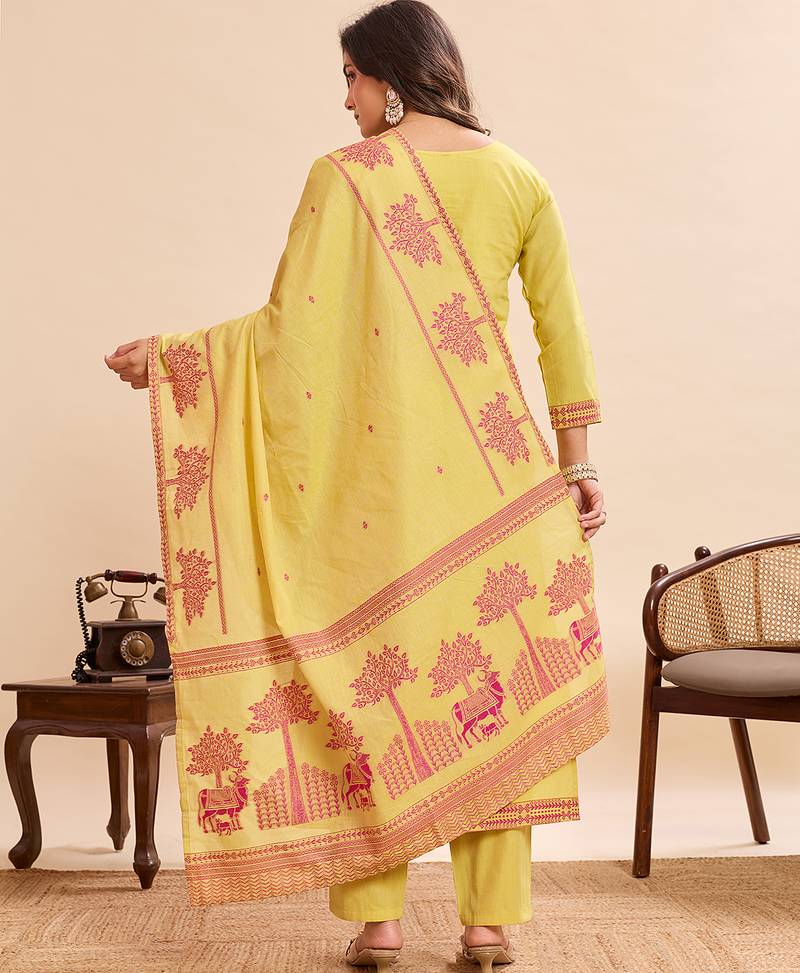 Vibrant yellow pure cotton jacquard kurta set with printed dupatta