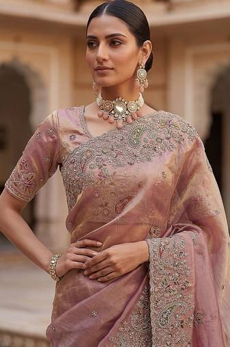 Onion Pink Color Patch Embroidered,Dori,Multi Thread And Zari With Sequins And Zircon Diamond Work Silk Saree