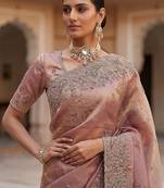 Onion Pink Color Patch Embroidered,Dori,Multi Thread And Zari With Sequins And Zircon Diamond Work Silk Saree