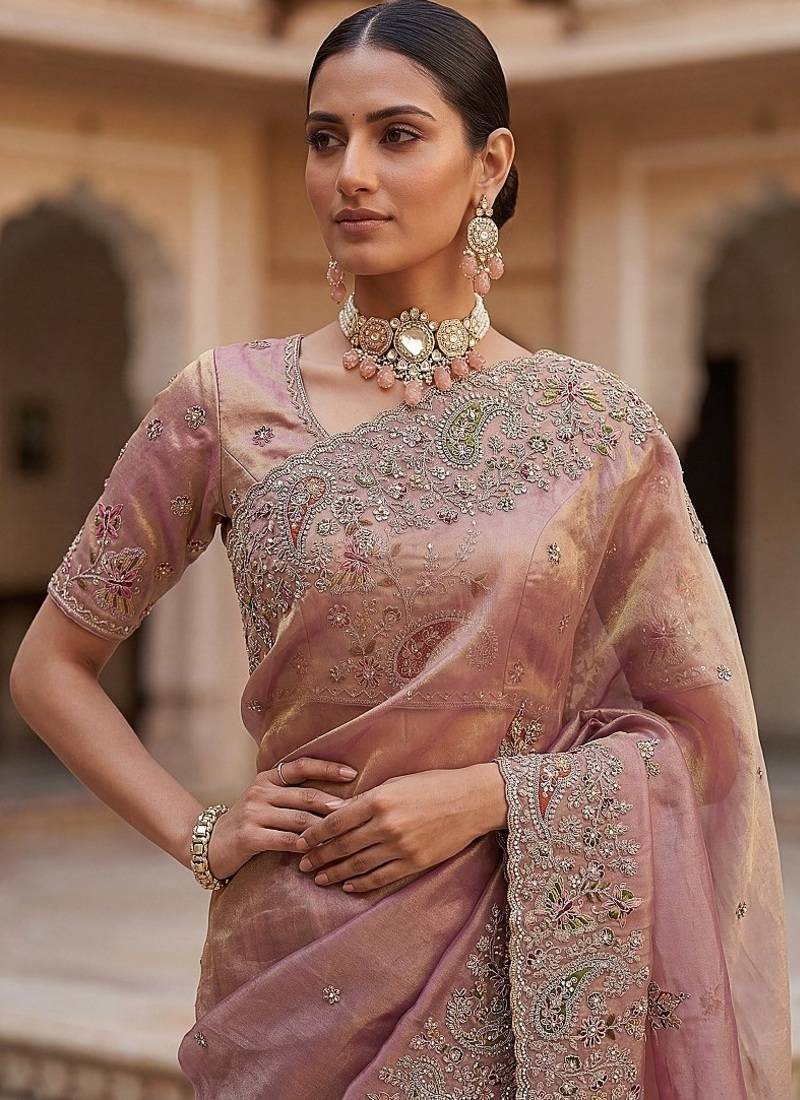 Onion Pink Color Patch Embroidered,Dori,Multi Thread And Zari With Sequins And Zircon Diamond Work Silk Saree