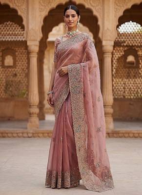 Onion Pink Color Patch Embroidered,Dori,Multi Thread And Zari With Sequins And Zircon Diamond Work Silk Saree 2