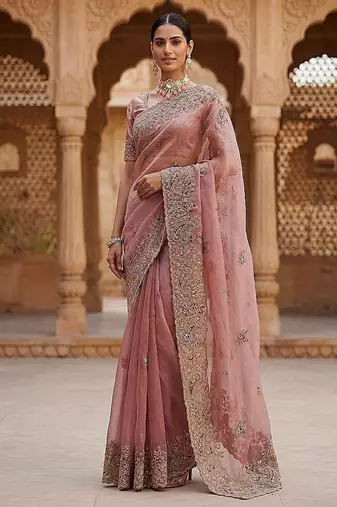 Onion Pink Color Patch Embroidered,Dori,Multi Thread And Zari With Sequins And Zircon Diamond Work Silk Saree