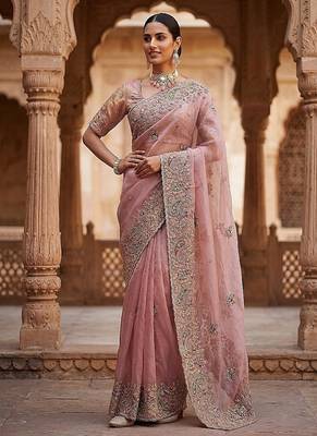 Onion Pink Color Patch Embroidered,Dori,Multi Thread And Zari With Sequins And Zircon Diamond Work Silk Saree 3