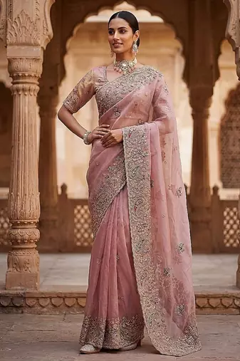 Onion Pink Color Patch Embroidered,Dori,Multi Thread And Zari With Sequins And Zircon Diamond Work Silk Saree