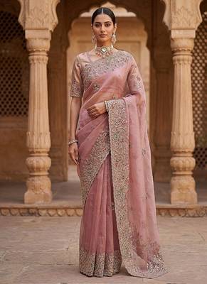 Onion Pink Color Patch Embroidered,Dori,Multi Thread And Zari With Sequins And Zircon Diamond Work Silk Saree 4