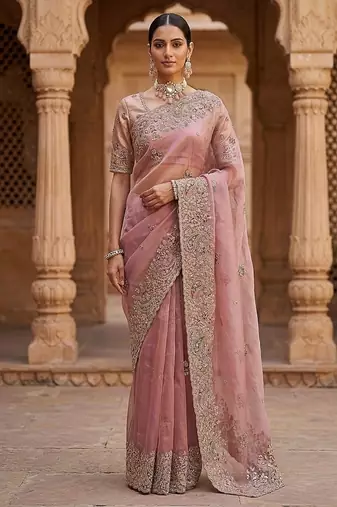 Onion Pink Color Patch Embroidered,Dori,Multi Thread And Zari With Sequins And Zircon Diamond Work Silk Saree