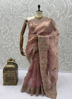 Onion Pink Color Patch Embroidered,Dori,Multi Thread And Zari With Sequins And Zircon Diamond Work Silk Saree 5