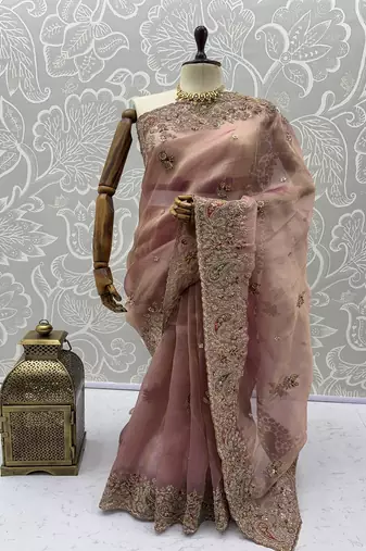 Onion Pink Color Patch Embroidered,Dori,Multi Thread And Zari With Sequins And Zircon Diamond Work Silk Saree