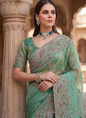 Sea Green Color Patch Embroidered,Dori,Multi Thread And Zari With Sequins And Zircon Diamond Work Silk Saree 2