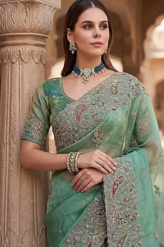 Sea Green Color Patch Embroidered,Dori,Multi Thread And Zari With Sequins And Zircon Diamond Work Silk Saree