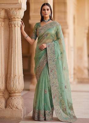 Sea Green Color Patch Embroidered,Dori,Multi Thread And Zari With Sequins And Zircon Diamond Work Silk Saree 1