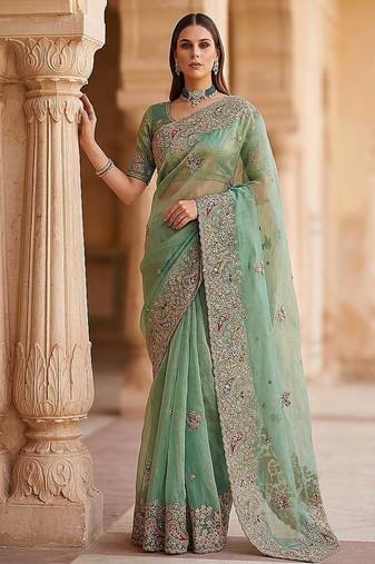 Sea Green Color Patch Embroidered,Dori,Multi Thread And Zari With Sequins And Zircon Diamond Work Silk Saree