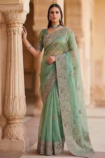 Sea Green Color Patch Embroidered,Dori,Multi Thread And Zari With Sequins And Zircon Diamond Work Silk Saree