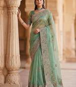 Sea Green Color Patch Embroidered,Dori,Multi Thread And Zari With Sequins And Zircon Diamond Work Silk Saree