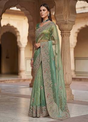 Sea Green Color Patch Embroidered,Dori,Multi Thread And Zari With Sequins And Zircon Diamond Work Silk Saree 3