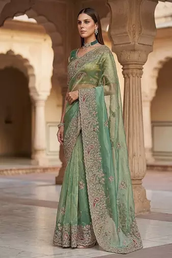 Sea Green Color Patch Embroidered,Dori,Multi Thread And Zari With Sequins And Zircon Diamond Work Silk Saree