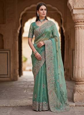 Sea Green Color Patch Embroidered,Dori,Multi Thread And Zari With Sequins And Zircon Diamond Work Silk Saree 4