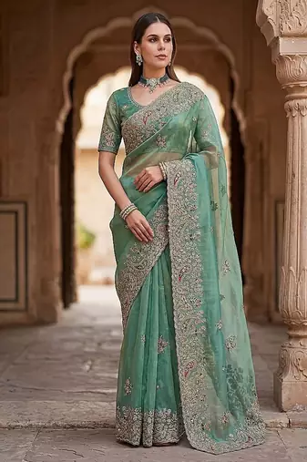 Sea Green Color Patch Embroidered,Dori,Multi Thread And Zari With Sequins And Zircon Diamond Work Silk Saree
