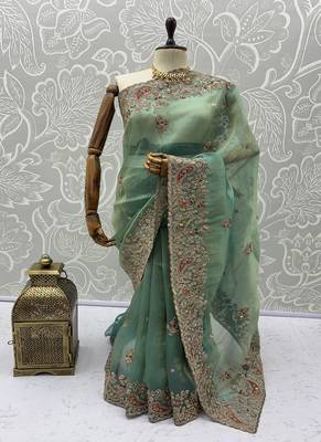 Sea Green Color Patch Embroidered,Dori,Multi Thread And Zari With Sequins And Zircon Diamond Work Silk Saree 5