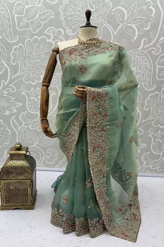 Sea Green Color Patch Embroidered,Dori,Multi Thread And Zari With Sequins And Zircon Diamond Work Silk Saree