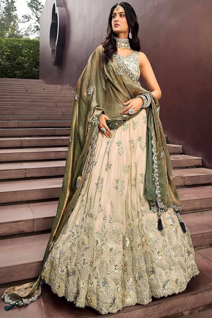Cream Embroidered Silk Lehenga Choli with Heavy Golden Threadwork & Dupatta | Bridal & Wedding Wear