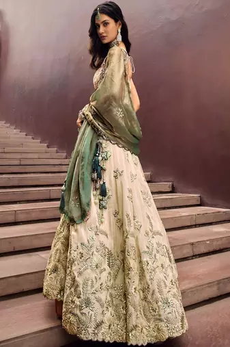 Cream Embroidered Silk Lehenga Choli with Heavy Golden Threadwork & Dupatta | Bridal & Wedding Wear