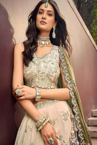 Cream Embroidered Silk Lehenga Choli with Heavy Golden Threadwork & Dupatta | Bridal & Wedding Wear