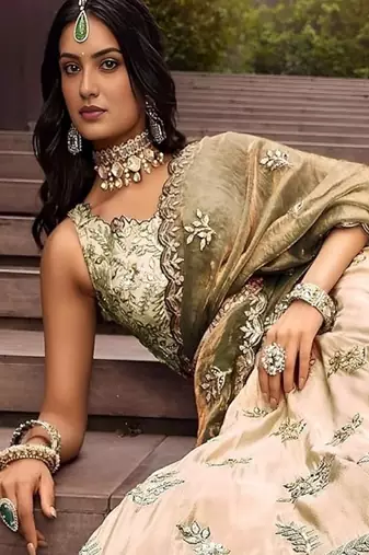 Cream Embroidered Silk Lehenga Choli with Heavy Golden Threadwork & Dupatta | Bridal & Wedding Wear