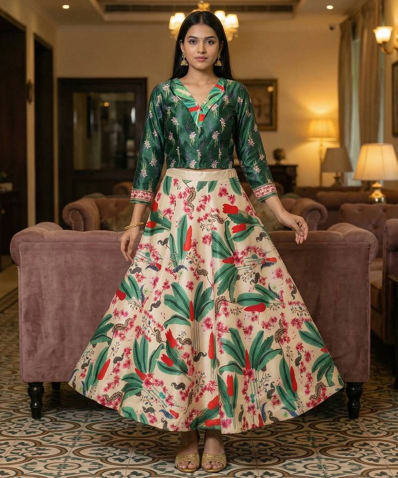 Multicolour semistitched croptop choli with unstitched blouse