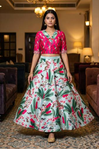 Multicolour Semistitched Croptop Choli With Unstitched Blouse