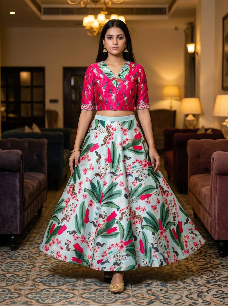 Multicolour Semistitched Croptop Choli With Unstitched Blouse