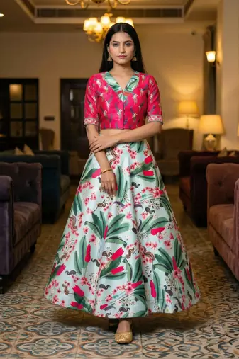 Multicolour Semistitched Croptop Choli With Unstitched Blouse