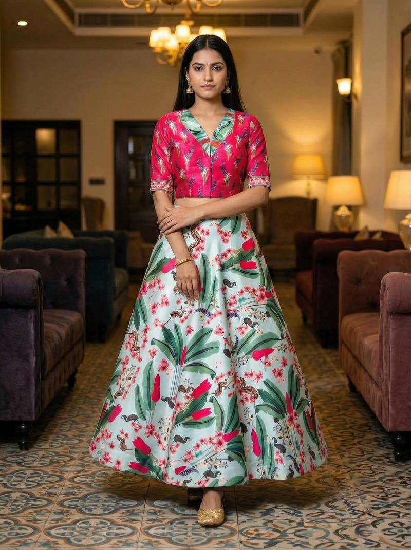 Multicolour Semistitched Croptop Choli With Unstitched Blouse