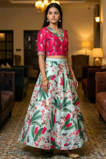 Multicolour Semistitched Croptop Choli With Unstitched Blouse
