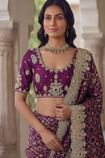 Plum Color Embroidered Lace,Dori,Multi Thread And Zari With Sequins And Zircon Diamond Work Banarasi Silk Saree
