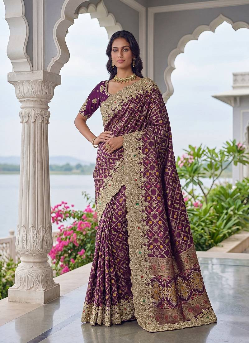 Plum Color Embroidered Lace,Dori,Multi Thread And Zari With Sequins And Zircon Diamond Work Banarasi Silk Saree