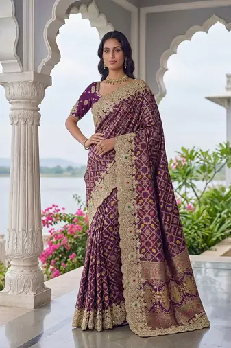 Plum Color Embroidered Lace,Dori,Multi Thread And Zari With Sequins And Zircon Diamond Work Banarasi Silk Saree