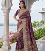 Plum Color Embroidered Lace,Dori,Multi Thread And Zari With Sequins And Zircon Diamond Work Banarasi Silk Saree