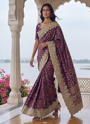 Plum Color Embroidered Lace,Dori,Multi Thread And Zari With Sequins And Zircon Diamond Work Banarasi Silk Saree 3