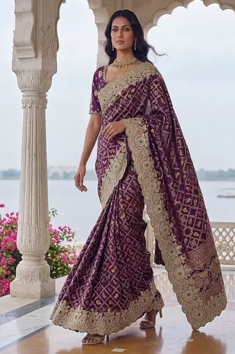 Plum Color Embroidered Lace,Dori,Multi Thread And Zari With Sequins And Zircon Diamond Work Banarasi Silk Saree