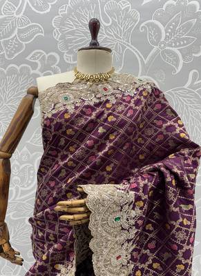 Plum Color Embroidered Lace,Dori,Multi Thread And Zari With Sequins And Zircon Diamond Work Banarasi Silk Saree 4