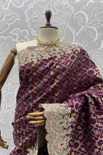 Plum Color Embroidered Lace,Dori,Multi Thread And Zari With Sequins And Zircon Diamond Work Banarasi Silk Saree