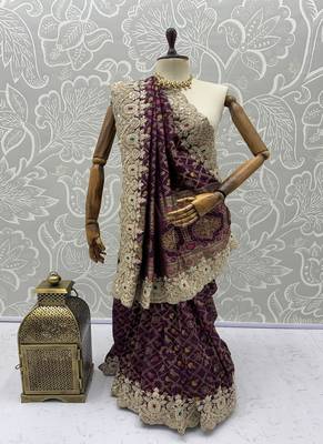 Plum Color Embroidered Lace,Dori,Multi Thread And Zari With Sequins And Zircon Diamond Work Banarasi Silk Saree 5